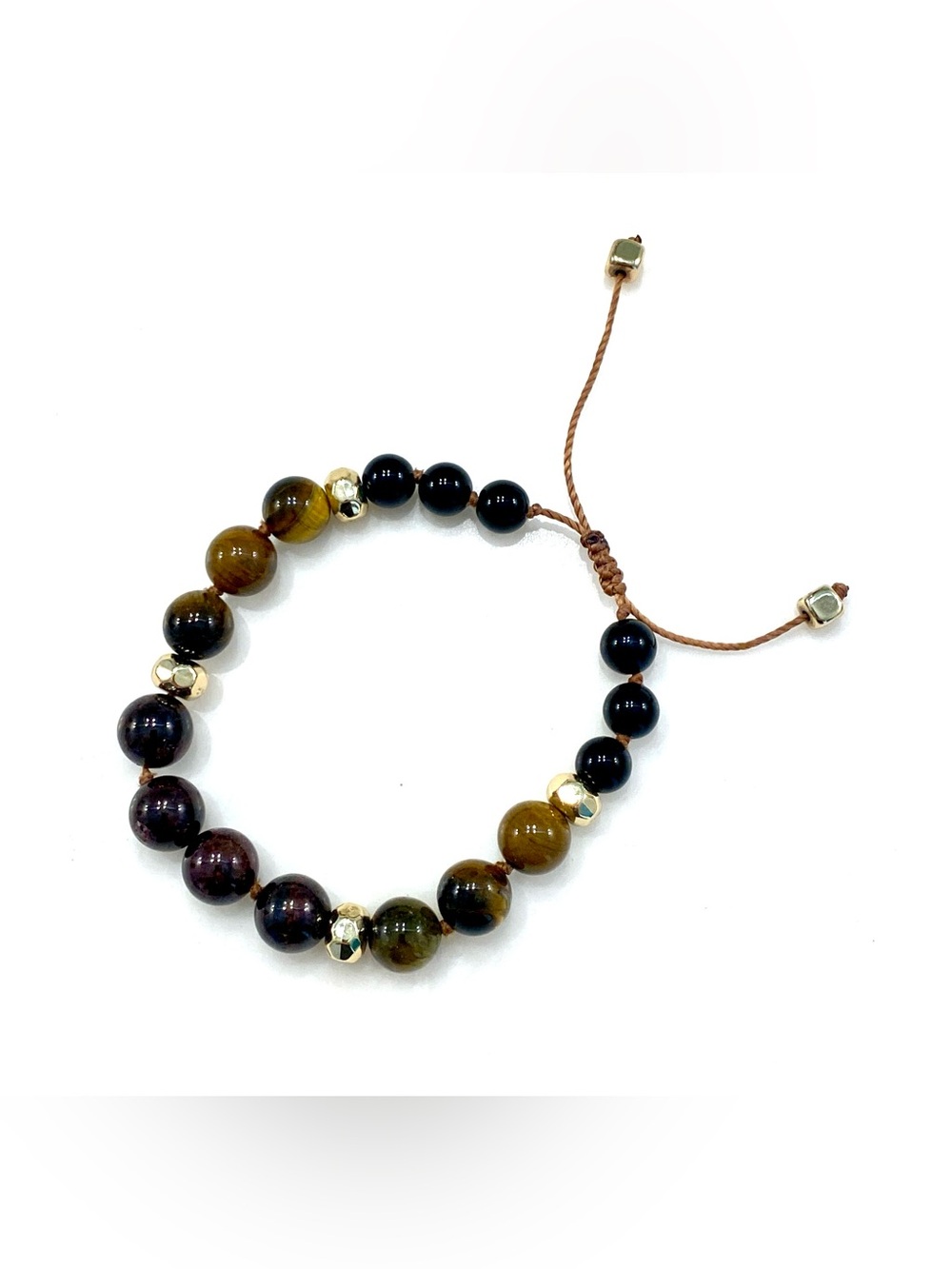 Beaded Tiger Eye and Black Onyx Adjustable Bracelet - Gold Accents